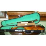 A CASED STUDENTS VIOLIN AND BOW together with a selection of recorders