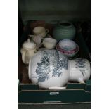 A BOX CONTAINING DOMESTIC POTTERY AND PORCELAIN from the 19th and 20th centuries