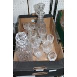 A BOX CONTAINING TWO DECANTERS & STOPPERS AND SUNDRY DRINKING GLASSES