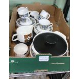 A BOX FULL OF DOMESTIC POTTERY to include; Royal Tuscan nocturne patterned retro tea service, and