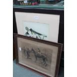 A PAIR OF JAZZ AGE PRINTS OF DANCERS, and a black & white study racehorse and jockey