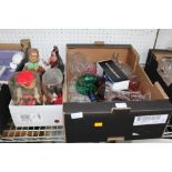 A BOX CONTAINING A SELECTION OF DOMESTIC GLASSWARE VARIOUS together with some COSTUME DOLLS OF THE