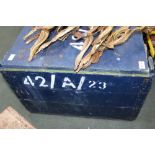 A BLUE PAINTED WOODEN BOX CRATE with stencilling