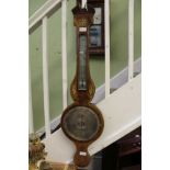 A DECORATIVELY INLAID WOODEN BACK BANJO BAROMETER THERMOMETER