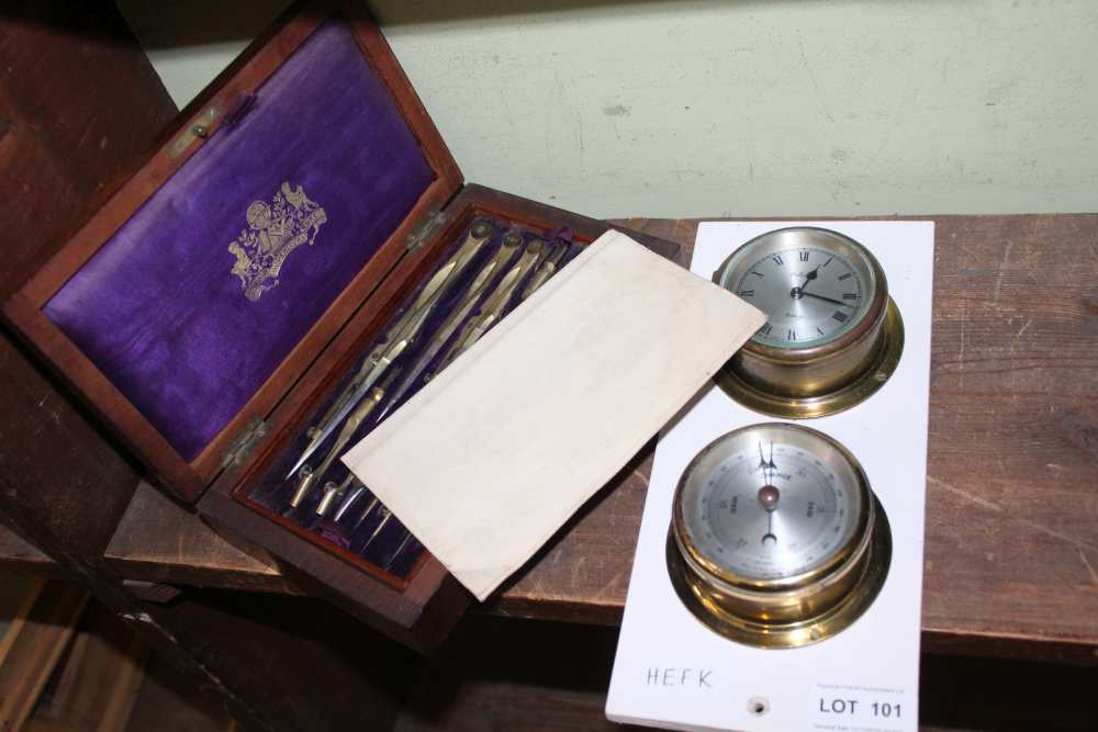 A CASED SET OF DRAFTSMANS TOOLS together with a wall mountable brass porthole CLOCK BAROMETER