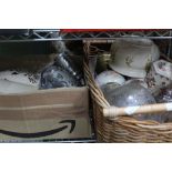 A BASKET AND A BOX CONTAINING DOMESTIC POTTERY & GLASSWARE VARIOUS