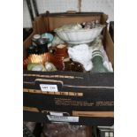 TWO BOXES OF INTERESTING DOMESTIC COLLECTABLES to include; part porcelain tea service