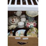 A BOX CONTAINING A SELECTION OF DOMESTIC POTTERY AND PORCELAIN to include 3D plaques