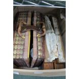 A BOX CONTAINING A WOVEN WICKER PICNIC HAMPER, a folding travel chess board, a vintage cased