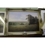 REG BROWN AN ACRYLLIC ON CANVAS FLAT PLAIN LANDSCAPE, with Springtime meadow flowers, housed in an