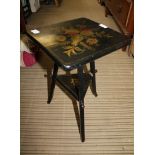 A SMALL PAINTED WOODEN SQUARE TOPPED OCCASIONAL TABLE on three legs with triangular undertier