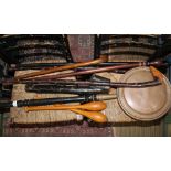 A 19TH CENTURY COPPER HEADED WARMING PAN, together with a selection of WALKING STICKS, an Irish