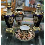 A ROYAL CROWN DERBY FOUR LEGGED VASE, together with a coffee can & cover, A PAIR OF COALPORT