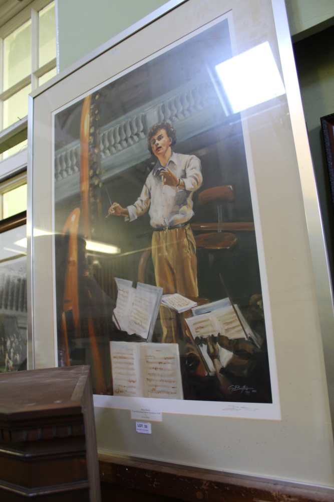 A SIGNED LIMITED EDITION PRINT depicting Simon Rattle in the final rehearsal at Symphony Hall,