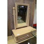 A MODERN LIMED EFFECT ADJUSTABLE DRESSING TABLE MIRROR, on box base with single full width drawer