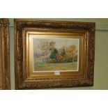 A WATERCOLOUR OF LANGLEY CHURCH signed "J. Ashe", gold mounted in fancy moulded gilt frame