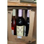 A BOX CONTAINING FIVE SCREW TOP BOTTLES OF WINE