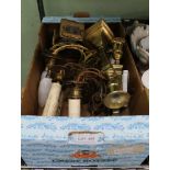 A BOX OF DOMESTIC METALWARES the majority brass, to include; candlesticks, carriage clock, etc.