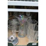 A BOX CONTAINING A SELECTION OF DOMESTIC GLASSWARE to include; decanters & stoppers, vases etc.