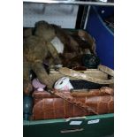 A BOX FULL OF INTERESTING COLLECTABLE ITEMS to include; handbags, plush teddy bear etc.