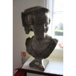 A WELL WEATHERED CAST CONCRETE FEMALE PORTRAIT BUST