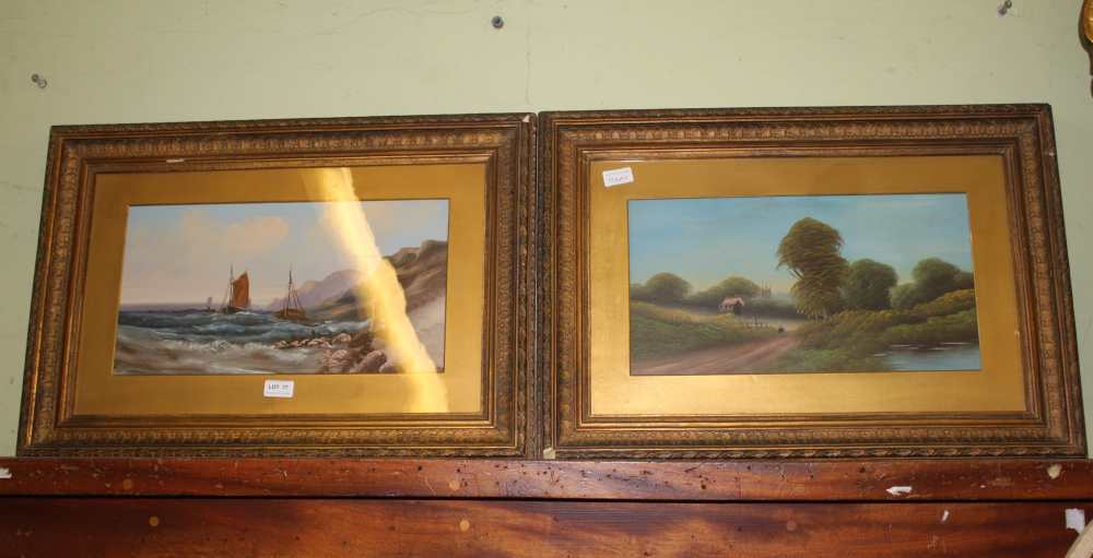 TWO EARLY 20TH CENTURY ORIGINAL ARTWORKS, one seascape one landscape, having plain gilt mounts and