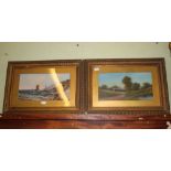 TWO EARLY 20TH CENTURY ORIGINAL ARTWORKS, one seascape one landscape, having plain gilt mounts and