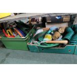 A BOX AND A CRATE CONTAINING PREDOMINANTLY GARDENING TOOLS & ACCESSORIES