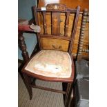 AN EARLY 20TH CENTURY INLAID FANCY DECORATED BEDROOM CHAIR with remains of seat pad