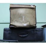 A SQUARE BOX FORM HESSIAN COVERED STORAGE TRUNK, together with a later painted suitcase