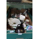 A BOX CONTAINING A SELECTION OF USEFUL AND COLLECTABLE DOMESTIC ITEMS to include; 19th century amber