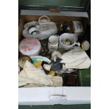 A BOX CONTAINING A SELECTION OF USEFUL DOMESTIC AND COLLECTABLE ITEMS in a variety of medium