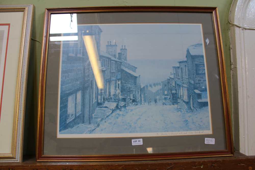 A SIGNED PRINT OF A SNOWY HILLY VILLAGE with a presentation inscription by the artist "Bob Ric