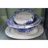 A SELECTION OF 19TH CENTURY BLUE & WHITE TRANSFER DECORATED DOMESTIC POTTERY to include Masons