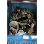 A PLASTIC CRATE CONTAINING A SELECTION OF DOMESTIC POTTERY AND GLASSWARE to include; figurines,