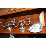 A PAIR OF PLATED LOW TABLE CANDELABRUM, A Royal Worcester hand painted apricot ground jug and a 19th