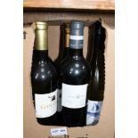 A BOX CONTAINING FIVE BOTTLES OF FRENCH WINE