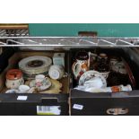 TWO BOXES OF DOMESTIC POTTERY AND PORCELAIN, to include collector's plates and a retro rolling pin