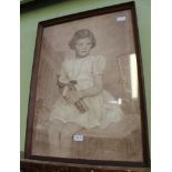 A MID-CENTURY PORTRAIT OF A YOUNG GIRL AND HER KEWPIE DOLL glazed and framed, indistinctly signed