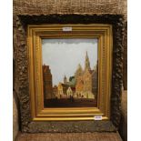 A 19TH CENTURY STYLE OIL ON BOARD STUDY OF A CONTINENTAL VILLAGE, having decorative moulded gilt