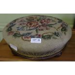 A 19TH CENTURY TAPESTRY WOOL WORK PAD TOPPED CIRCULAR FOOT STOOL