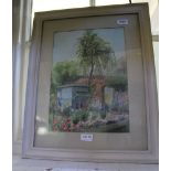 A WATERCOLOUR STUDY OF A SHEPHERD'S HUT IN A SPRINGTIME GARDEN, plain mounted in a painted frame