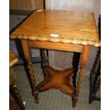 AN OAK SQUARE TOPPED INVERT PIECRUST EDGED TABLE, on barley twist and block legs, with fancy