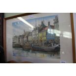 A COLOURED LITHOGRAPH OF A DUTCH CITY, glazed in plain wooden frame