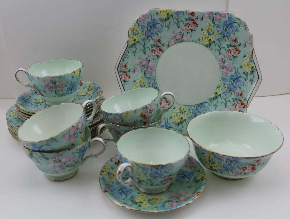 A "SHELLEY" MELODY PATTERN TEA SET FOR SIX, comprising; serving dish, six tea plates, six saucers,