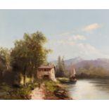 Framed, bears name 'R. Unterberger', 20th Century oil on canvas, figure on path beside river with