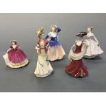 Five Coalport figurines; ‘Shelley’, ‘Poppy’, ‘Lady emily’, ‘Fairest Flowers’ and ‘Cassie’.