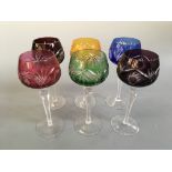 A set of six multi coloured bohemian hock glasses.