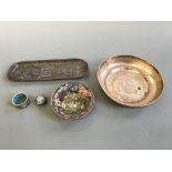 A pen tray decorated with toads, decorative bowl with enamelled bowl, napkin ring and miniature