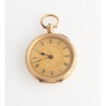 An open face key wind fob watch, the gold-tone dial having hourly Roman numeral markers with